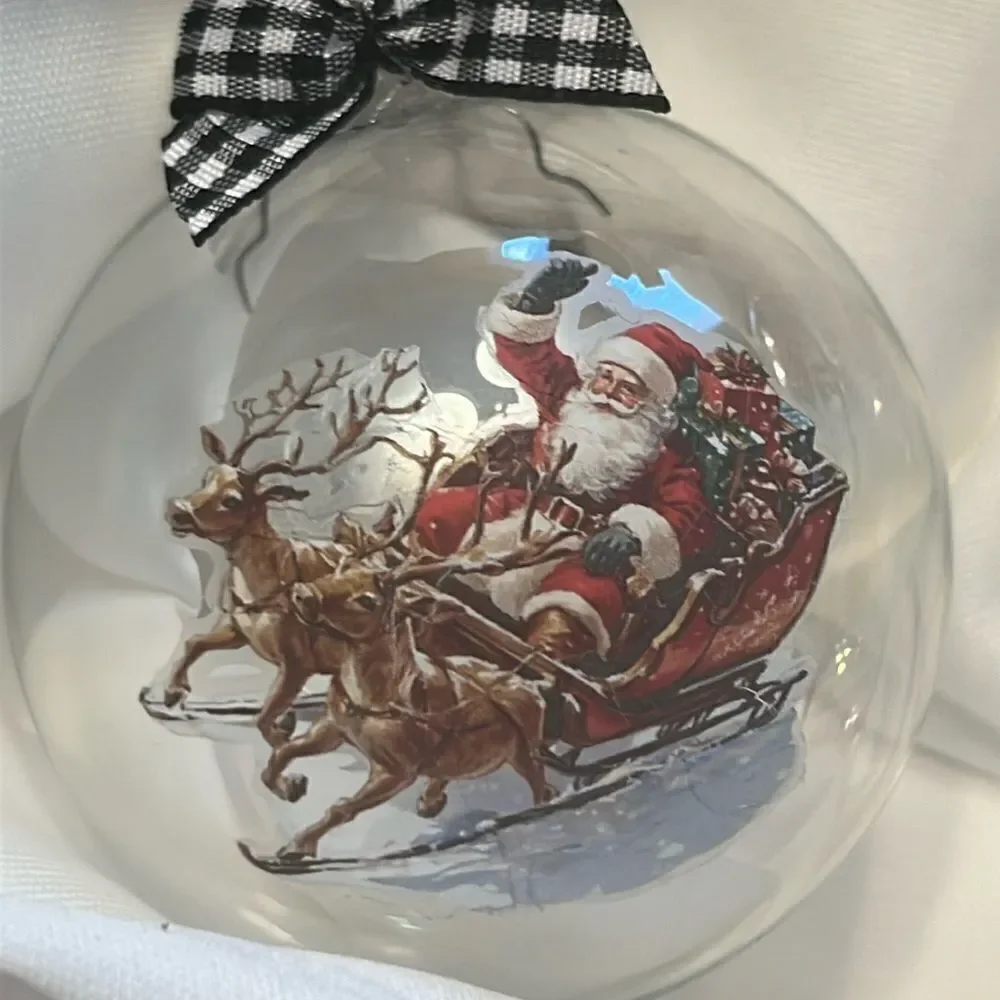 Upcycled Clear Glass Ornaments 3 Different Christmas Balls stocking, sleigh, hut